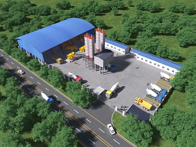 Industrial Factory Building With Blue Roof Red Storage Silos Surrounded By Green Trees And Trucks 3d model