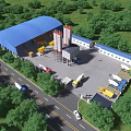 Industrial Factory Building With Blue Roof Red Storage Silos Surrounded By Green Trees And Trucks