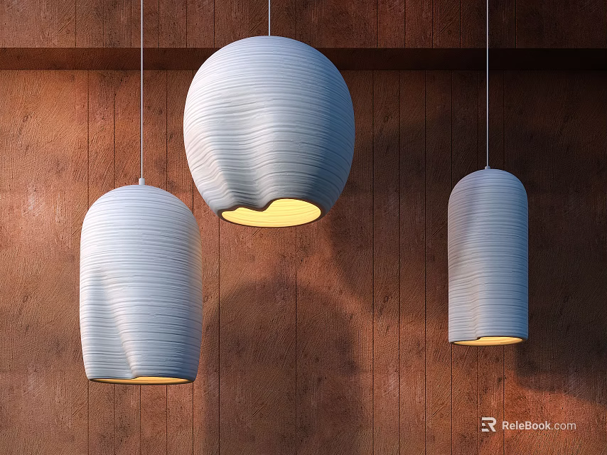 Three Light Blue Wavy Texture Pendant Lights Illuminated On Wooden Wall With Warm Glow 3d model 