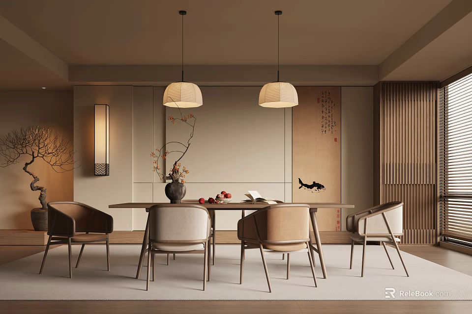 Modern Restaurant Interior With Dining Table Chairs Pendant Lights Wooden Partition And Potted Plant 3d model 