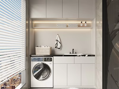 Modern Home Balcony Design With Washing Machine Storage Cabinets Countertop And Blinds 3d model