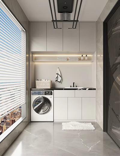 Modern Home Balcony Design With Washing Machine Storage Cabinets Countertop And Blinds 3d model