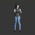 Woman With Black Hair In Black Jacket And Blue Pants Standing Against Gray Background