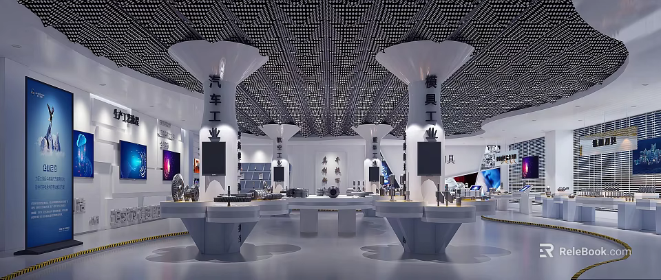 Modern Automotive Tools Exhibition Hall Featuring Display Stands Tool Exhibits And Ceiling Lighting 3d model 