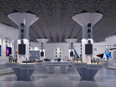 Modern Automotive Tools Exhibition Hall Featuring Display Stands Tool Exhibits And Ceiling Lighting 3d model