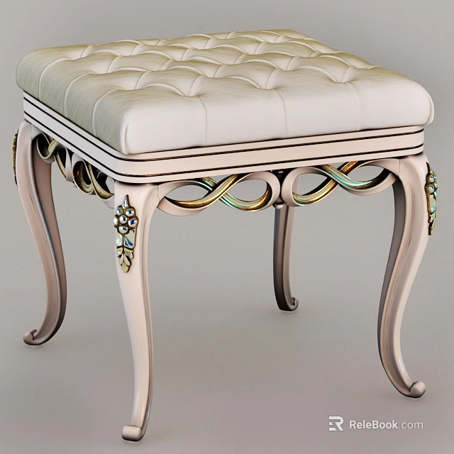 Elegant Tufted Ivory Ottoman with Ornate Carved Legs and Decorative Accents 3d model 