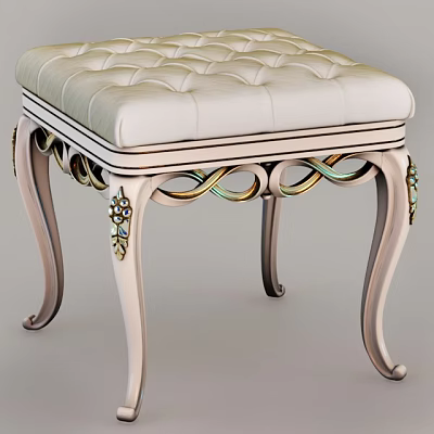 Elegant Tufted Ivory Ottoman with Ornate Carved Legs and Decorative Accents 3d model