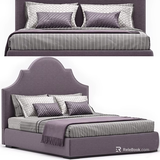 Purple Upholstered Double Bed With Arched Headboard Striped Linen And Decorative Pillows 3d model 