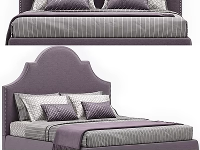 Purple Upholstered Double Bed With Arched Headboard Striped Linen And Decorative Pillows 3d model