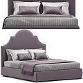 Purple Upholstered Double Bed With Arched Headboard Striped Linen And Decorative Pillows