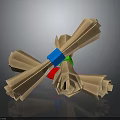 Crossed Rolled Paper Crafts With Blue And Green Bands On Reflective Surface