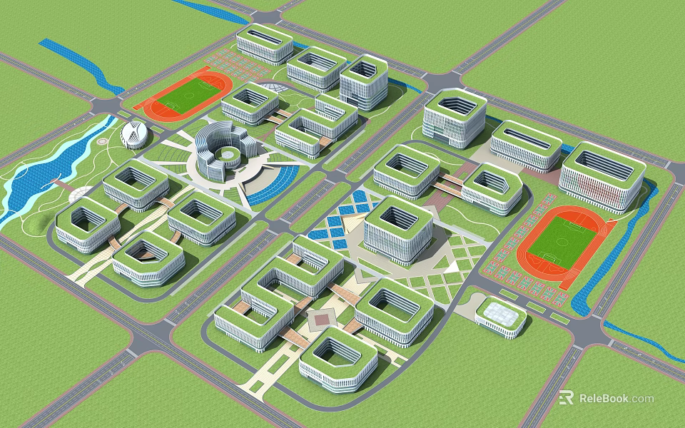 Modern School Buildings Campus Design Featuring Multiple Structures Green Spaces And Sports Fields 3d model