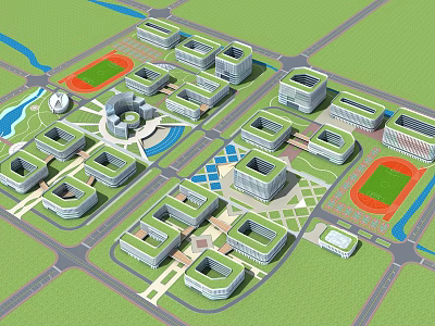 Modern School Buildings Campus Design Featuring Multiple Structures Green Spaces And Sports Fields 3d model