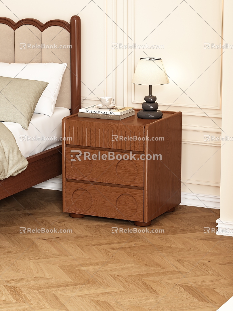 Bedside Table American Table Lamp Middle Ancient Coffee Cup Ornaments Books Background Wall Skirting Line Emulsion Paint Wooden Floor Corner 3d model