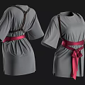 Gray Tunic Dress With Brown Shoulder Straps And Pink Bow Belt Front Side Back Views