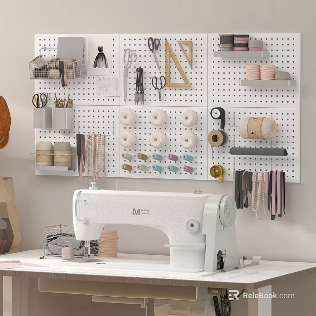 White Pegboard Shelf Organizing Sewing Tools And Craft Materials In Workspace 3d model