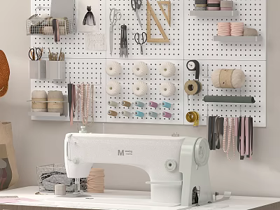 White Pegboard Shelf Organizing Sewing Tools And Craft Materials In Workspace 3d model