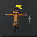 Cartoon Orange Cat Character Wearing Yellow Feather Hat Boots Belt With Sword Holding Small Mouse