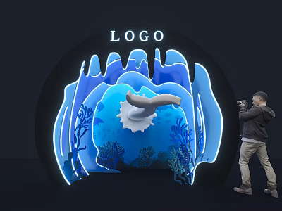 Ocean Theme Archway With LOGO Blue Decorations Corals Shell And Person Taking 3d model