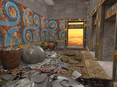 Ancient Egyptian Interior With Colorful Mural Walls Scattered Debris Clay Pots Baskets And Sunlight 3d model