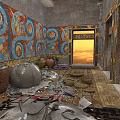 Ancient Egyptian Interior With Colorful Mural Walls Scattered Debris Clay Pots Baskets And Sunlight
