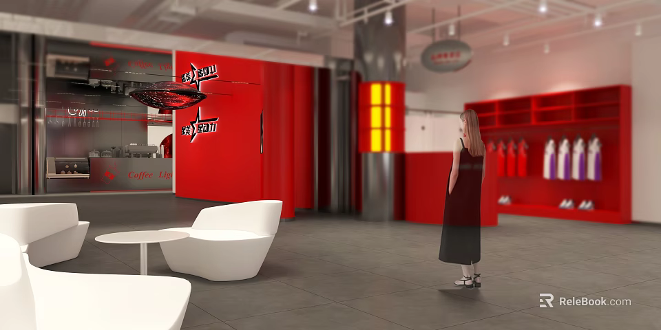 Red Sportswear Store Interior With White Seats And Female Customer Shopping Fitness Apparel 3d model 