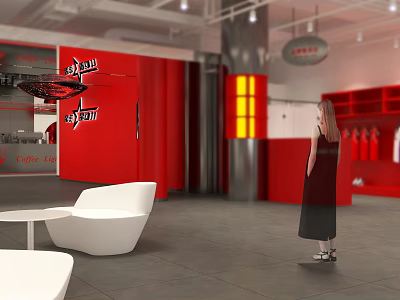Red Sportswear Store Interior With White Seats And Female Customer Shopping Fitness Apparel 3d model