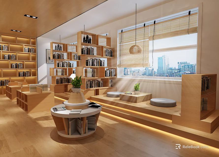 Book Art Inspired Library Design With Wooden Shelves Abundant Books And Window Seating 3d model 