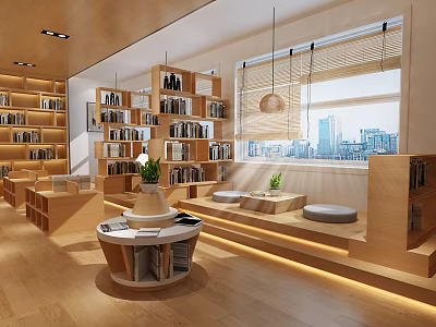 Book Art Inspired Library Design With Wooden Shelves Abundant Books And Window Seating 3d model