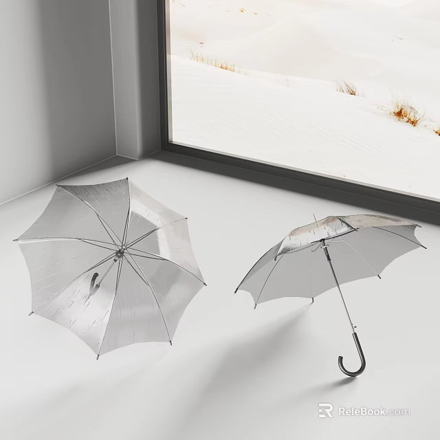 Silver Umbrellas as Daily Living Essentials Placed by Window with Snowy Outdoor View 3d model 