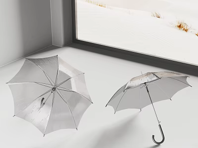 Silver Umbrellas as Daily Living Essentials Placed by Window with Snowy Outdoor View 3d model
