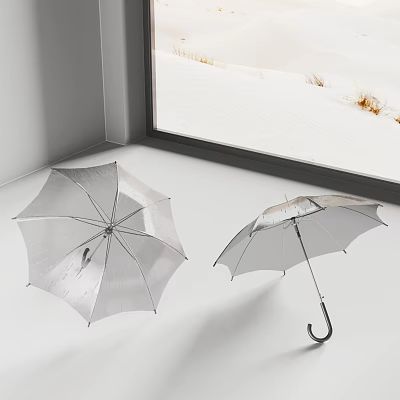 Silver Umbrellas as Daily Living Essentials Placed by Window with Snowy Outdoor View 3d model