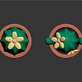 Two Green Cacti in Orange Pots with Yellow Flowers as Decorative Plants