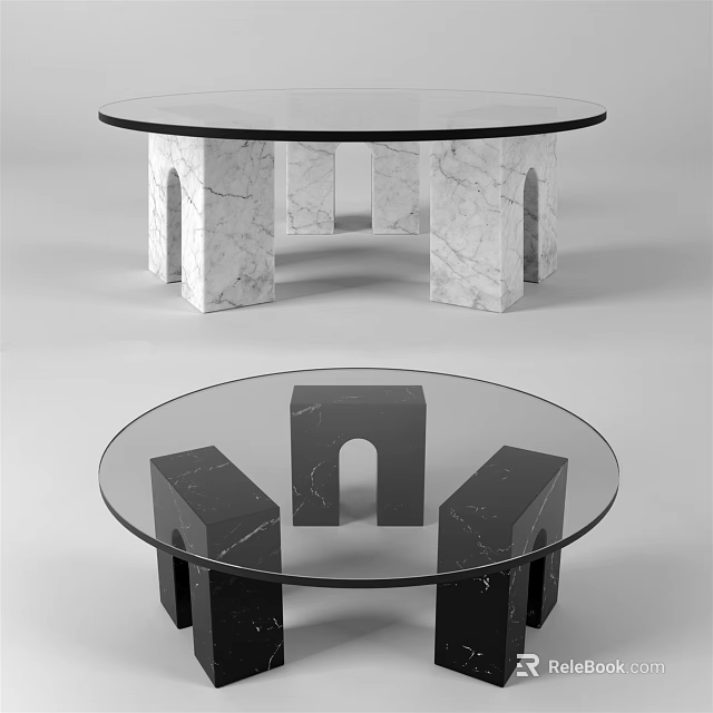 Round Glass Top Coffee Table With White And Black Marble Arch Base Design 3d model 
