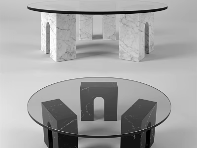 Round Glass Top Coffee Table With White And Black Marble Arch Base Design 3d model