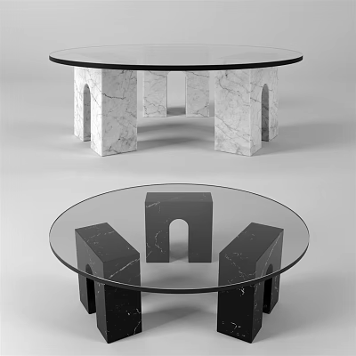 Round Glass Top Coffee Table With White And Black Marble Arch Base Design 3d model