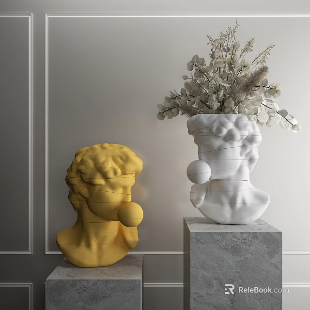 Yellow and White Head Decorative Ornament Set with Ball and Dried Flowers on Gray Pedestals 3d model 
