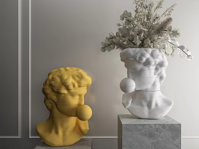 Yellow and White Head Decorative Ornament Set with Ball and Dried Flowers on Gray Pedestals 3d model