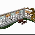 Modern Display Cabinet Interior with Multiple Shelves Books Wooden Table and Yellow Design