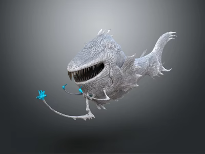 Fantasy Creature With Large Mouth Sharp Teeth Silver Gray Body Tentacles And Blue Glowing Elements 3d model