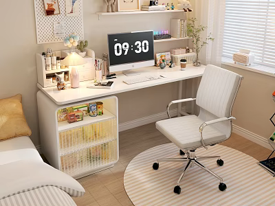 Modern Bedroom Interior With Bed Desk Computer Chair Storage Rug And Window 3d model