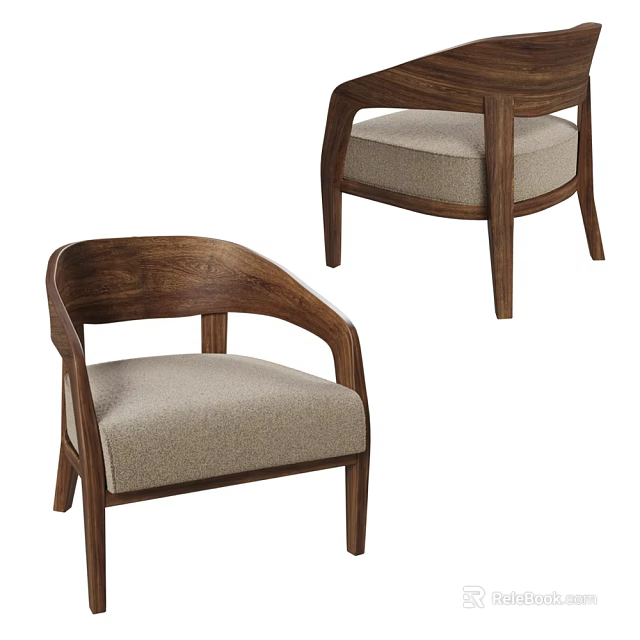 Modern Leisure Chair With Walnut Wood Frame Beige Fabric Cushion Ergonomic Armrest For Comfortable Seating 3d model 