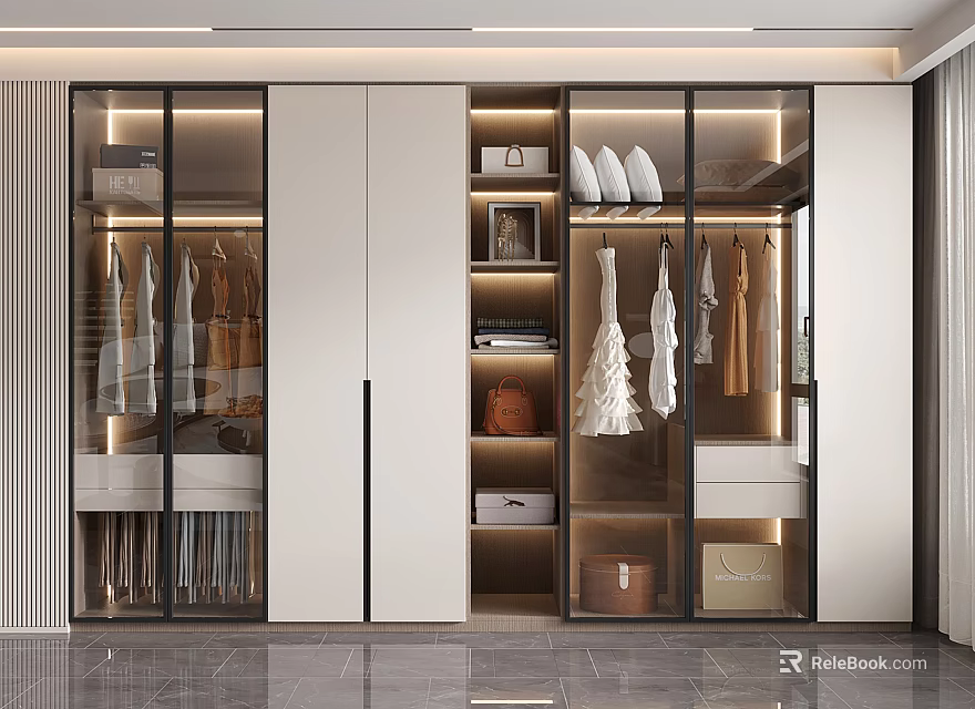 Modern Built in Closet Design With Glass Doors Hanging Sections And Storage Drawers 3d model 