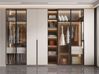 Modern Built in Closet Design With Glass Doors Hanging Sections And Storage Drawers 3d model