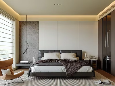 Modern Bedroom Interior With King Bed Headboard Accent Chair Area Rug And Window Blinds 3d model