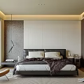 Modern Bedroom Interior With King Bed Headboard Accent Chair Area Rug And Window Blinds