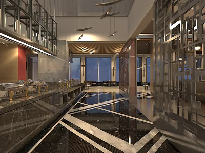 Modern Banquet Hall Interior With Geometric Marble Flooring Large Windows Metal Frames And Lighting 3d model