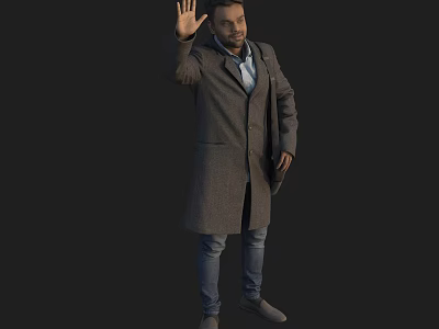 A Man Wearing a Coat Waving Right Hand Holding Folder in Left Hand Dark Background 3d model