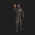A Man Wearing a Coat Waving Right Hand Holding Folder in Left Hand Dark Background