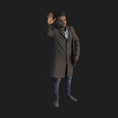 A Man Wearing a Coat Waving Right Hand Holding Folder in Left Hand Dark Background 3d model